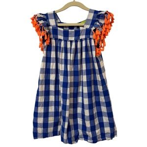 100% Cotton Blue Gingham Orange Tassels Ruffle Sleeve Summer Dress Girls 7